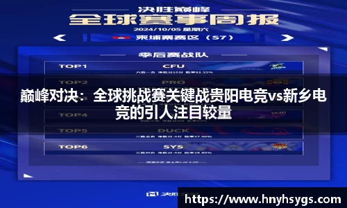 巅峰对决：全球挑战赛关键战贵阳电竞vs新乡电竞的引人注目较量